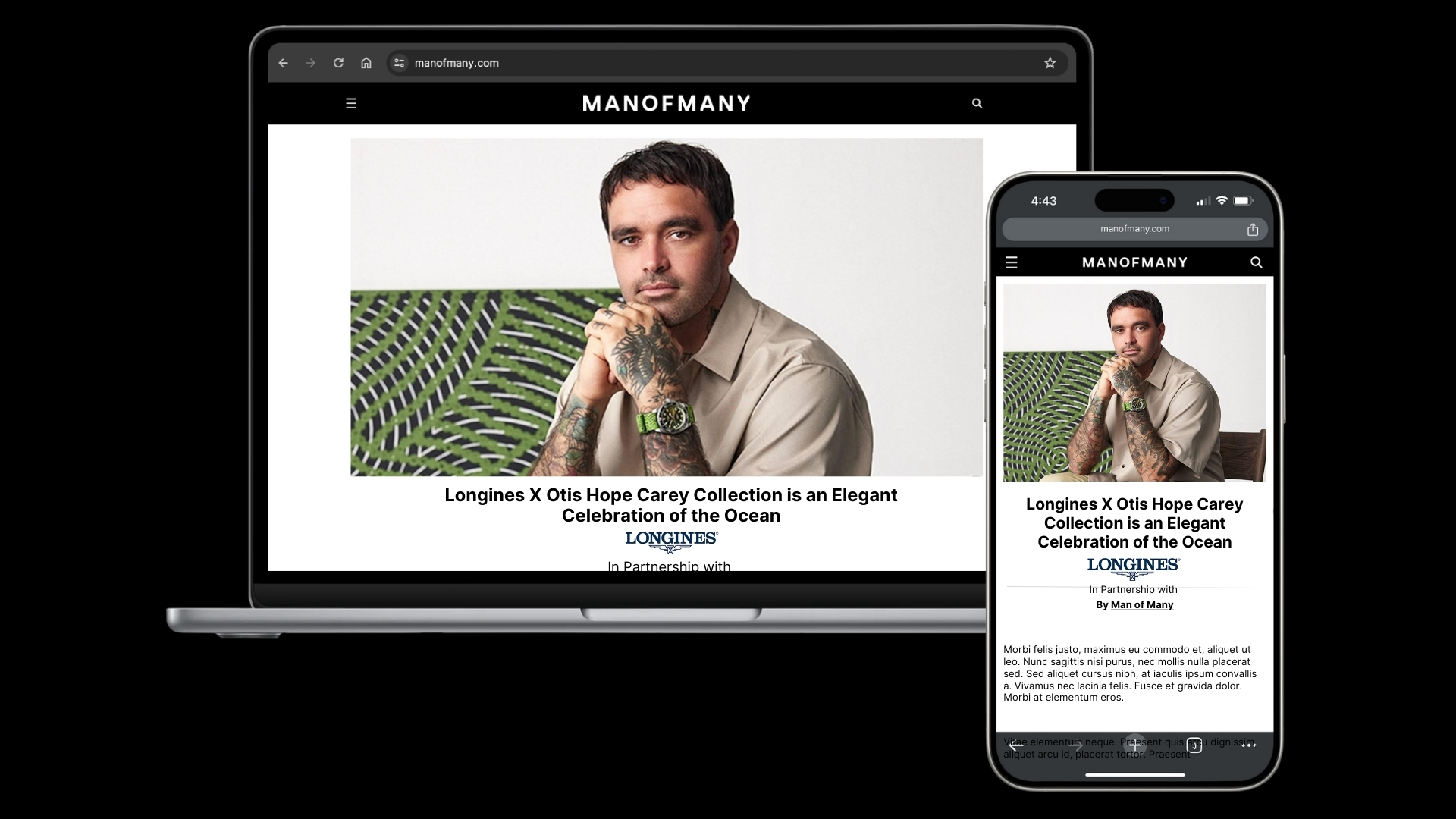 Man of Many website on a laptop, tablet, and smartphone screens showing Longines feature article