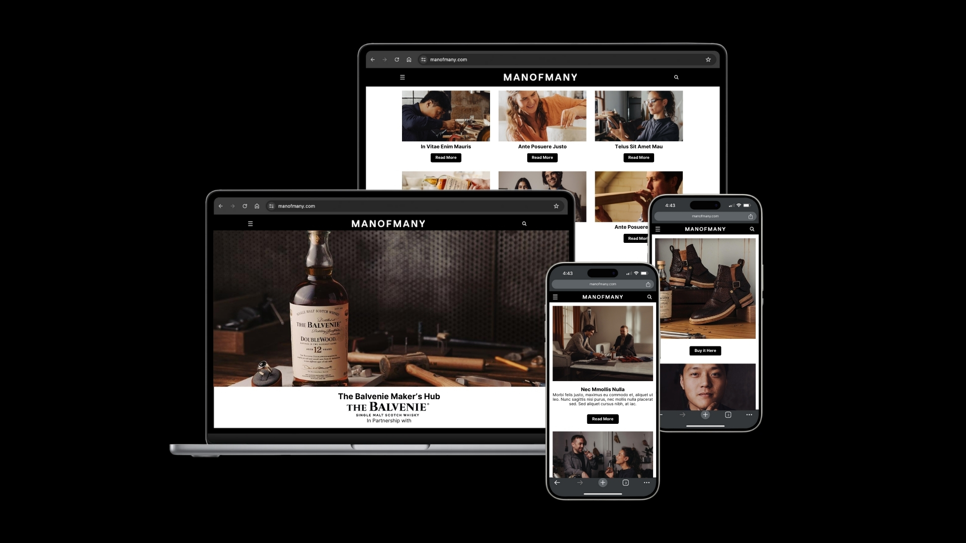 Man of Many website on a laptop, tablet, and smartphone screens showing The Balvenie feature article