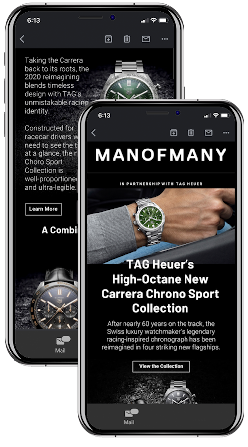 Man of Many's dedicated EDM for TAG Heuer on two smartphone screens