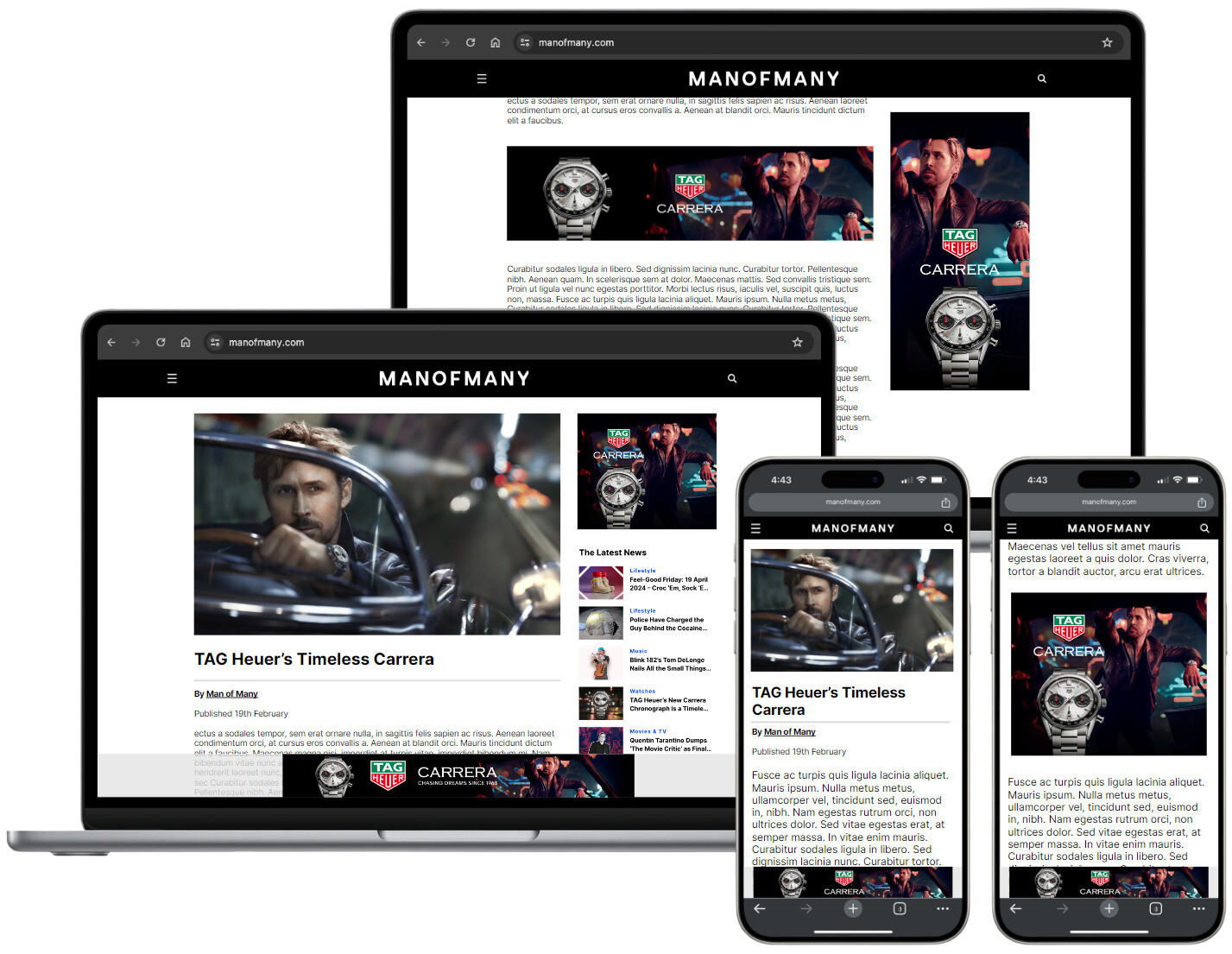 Man of Many website on a laptop, tablet and smartphone screens showing TAG Heuer article