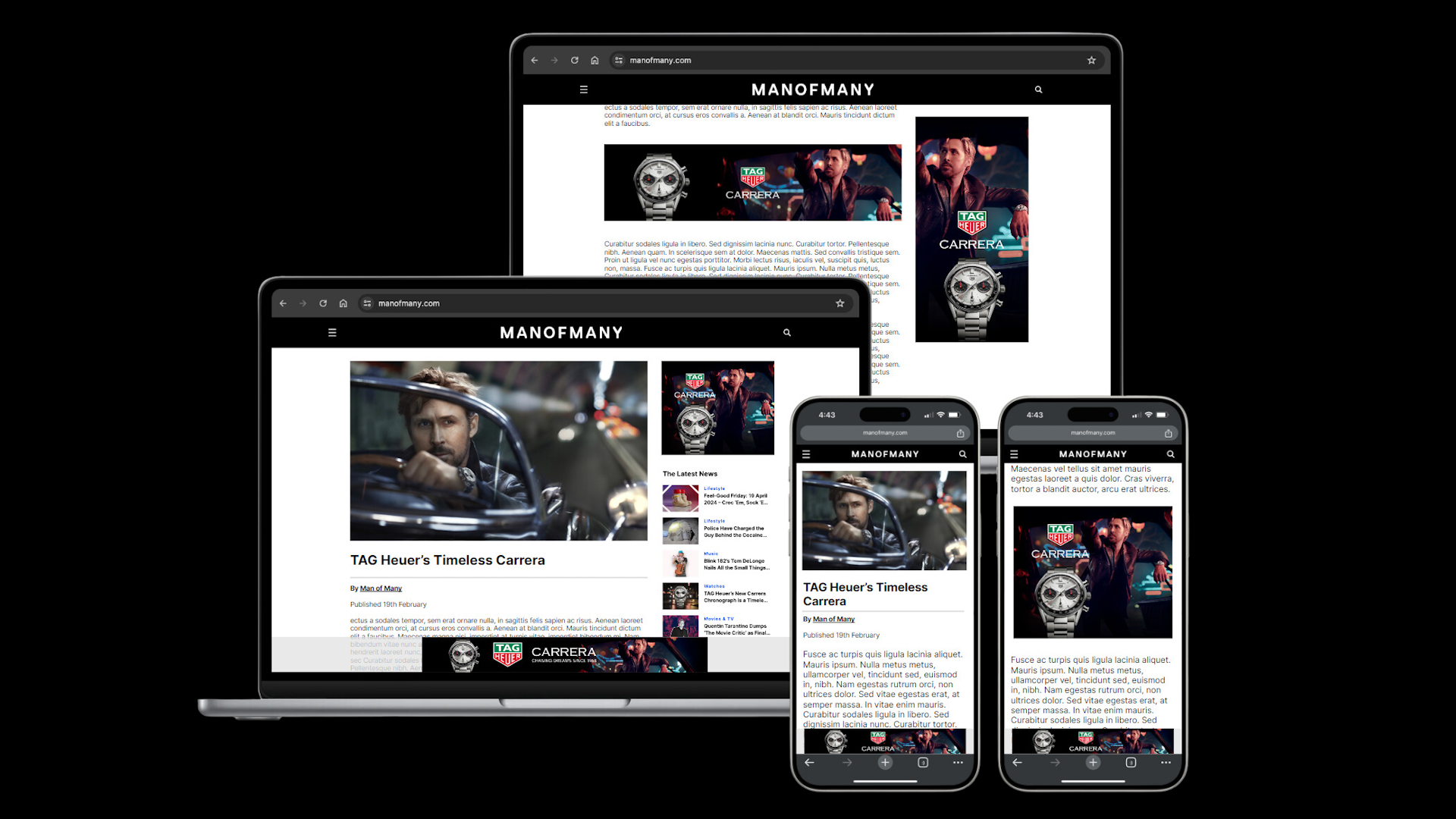 Man of Many website on a laptop, tablet, and smartphone screens showing TAG Heuer feature article