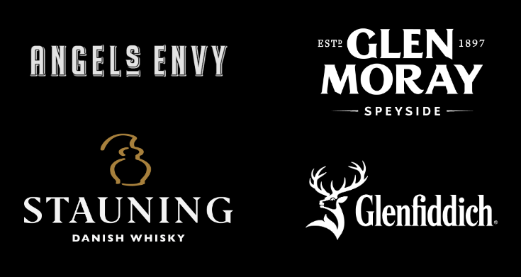 Angels Envy, Glen Moray, Stauning Whisky, and Glenfiddich logos