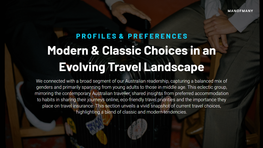 Text overlay of 'Profiles & Preferences: Modern & Classic Choices in an Evolving Travel Landscape' on a image of a man's hand holding a suitcase