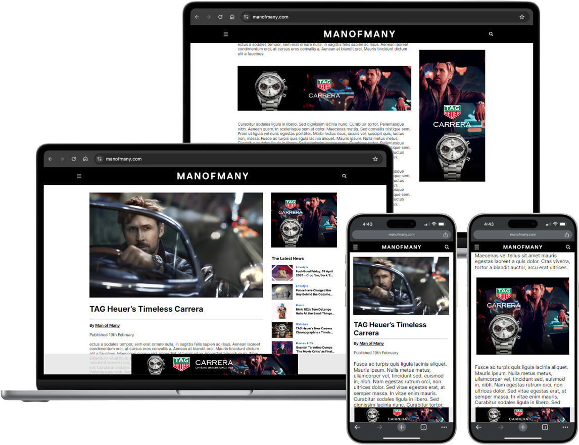 Man of Many website on a laptop, tablet and smartphone screens showing TAG Heuer article